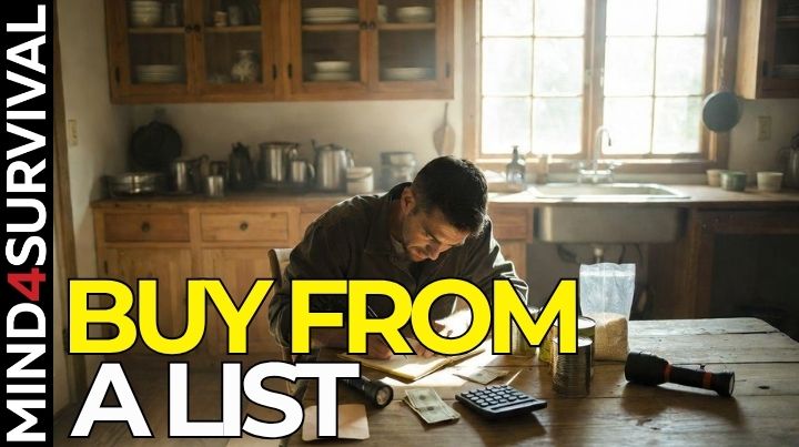 Person at a kitchen table writing a prepping budget list beside pantry staples